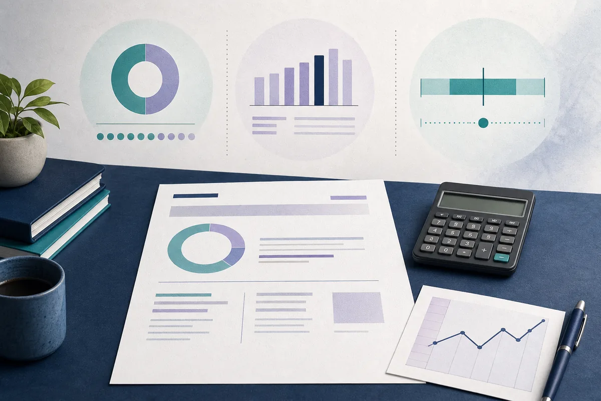 Mesa de estudio con un informe de evaluación, calculadora y gráficos abstractos de puntuación