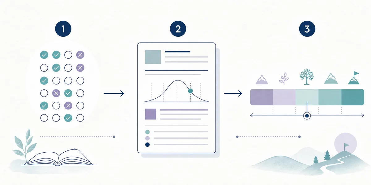 Diagrama editorial de tres etapas: respuestas, informe de puntuación y rango de preparación